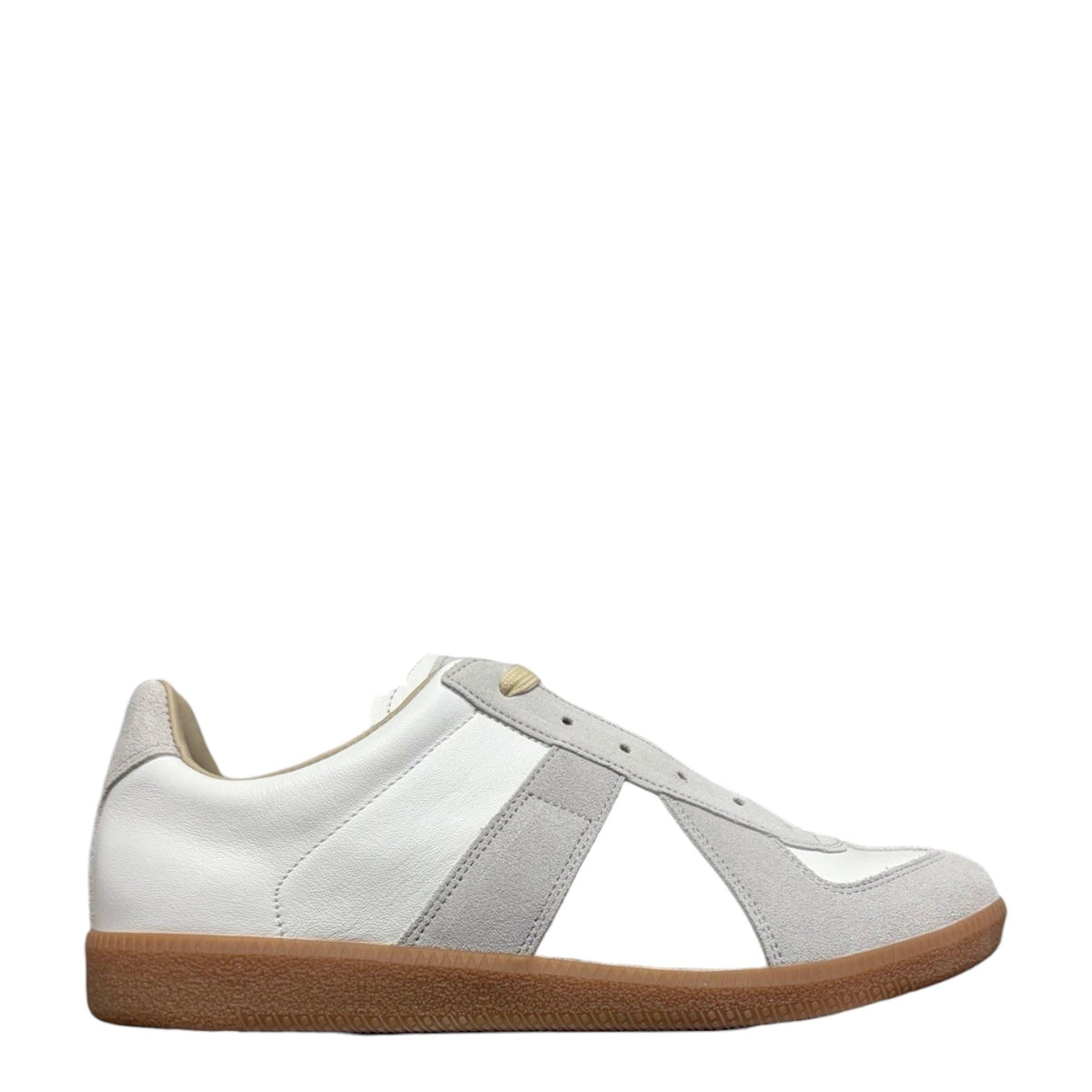Luxury Chef white and grey leather and suede low-top sneakers with gum sole.