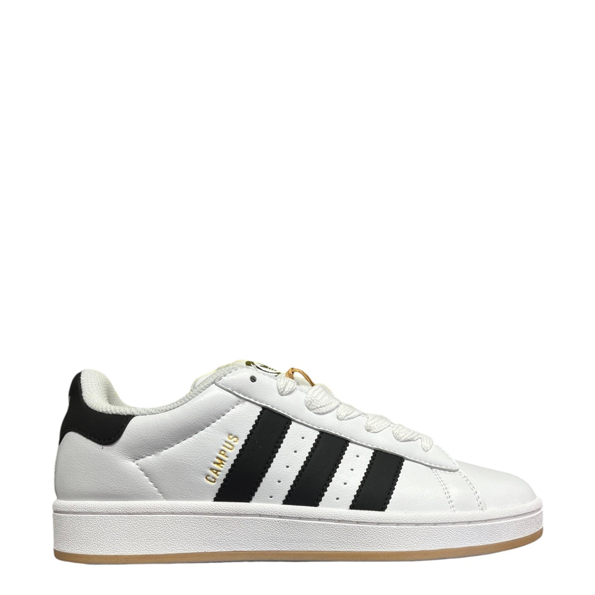 Luxury Chef Adidas Campus 00s white leather sneakers with black stripes and gold lettering.