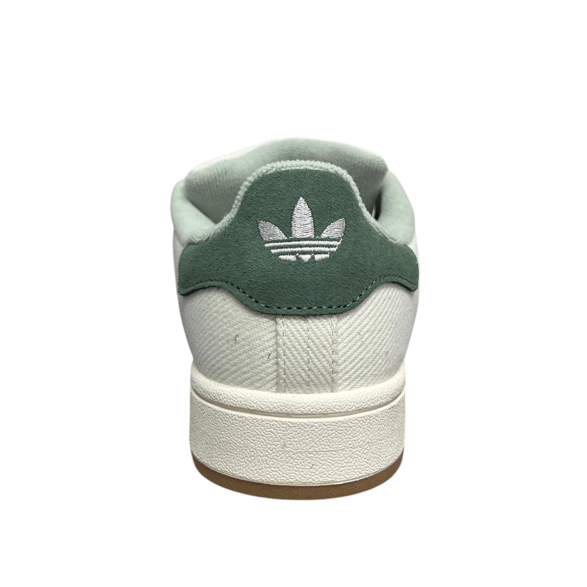Luxury Chef ADIDAS CAMPUS sneakers with green suede heel tab and white herringbone textile upper.