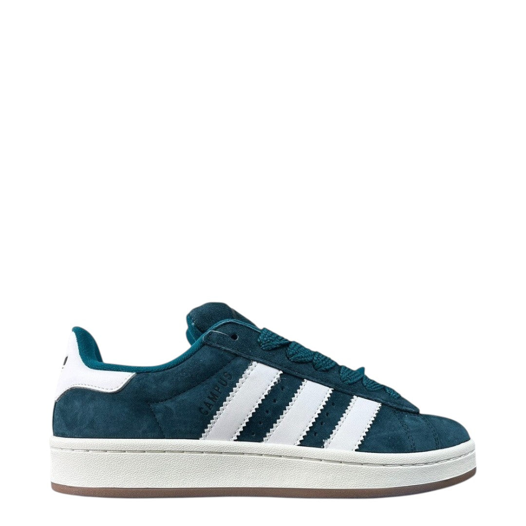 Luxury Chef Adidas Campus teal suede sneakers with white stripes and accents. Classic low-top design.