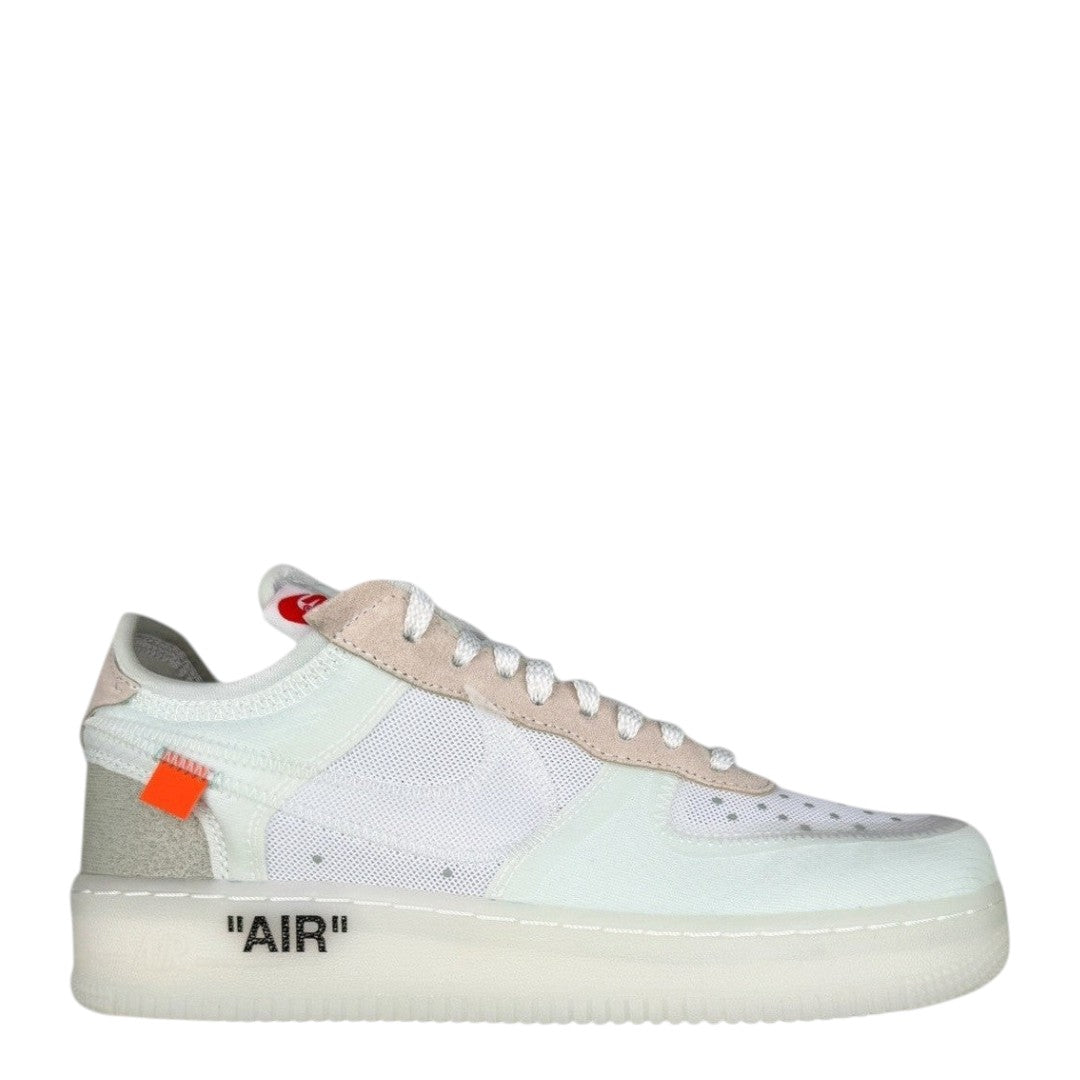 Luxury Chef Air Force 1 Off-White sneakers with white mesh, beige suede accents, and translucent sole with "AIR" text.