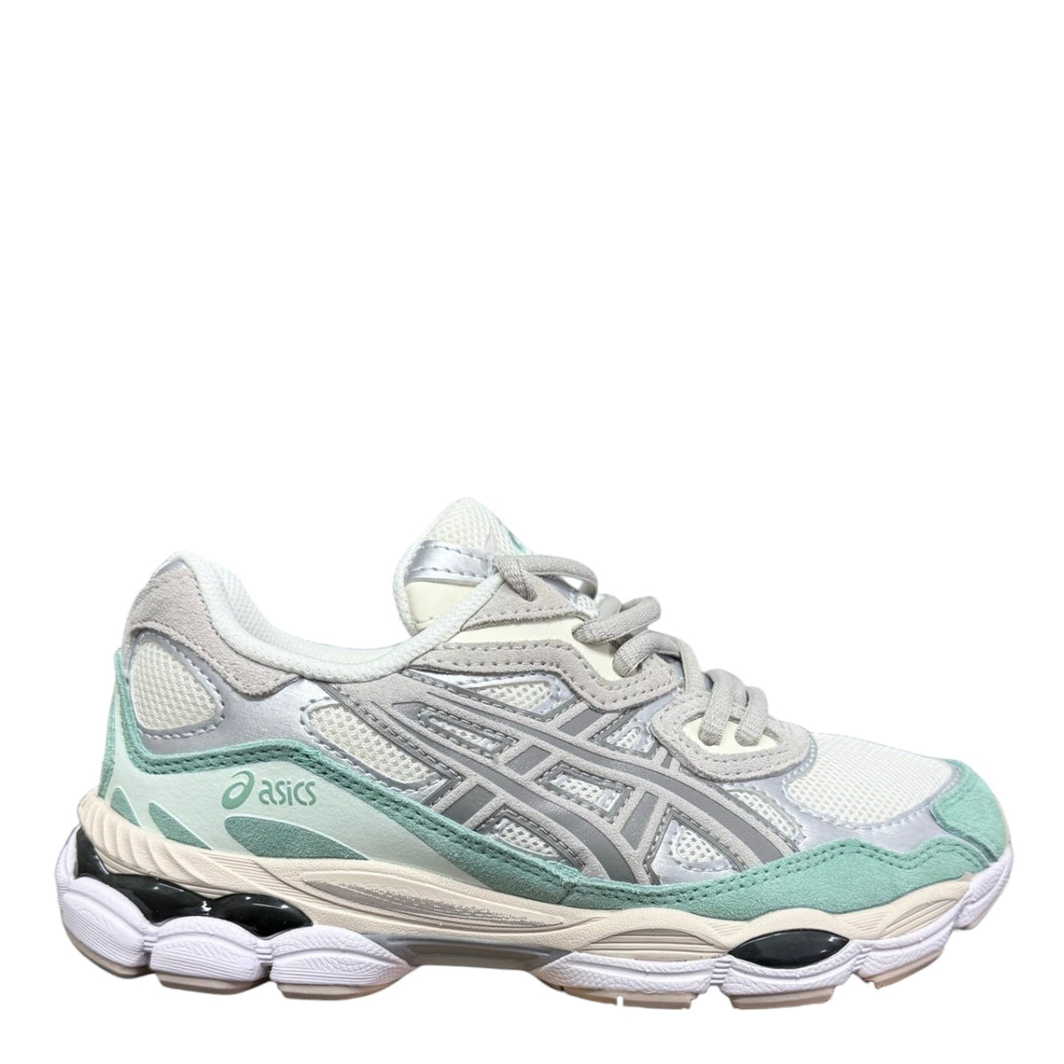 Luxury Chef ASICS GEL-NYC beige and green mesh sneakers with grey accents and a cream midsole.