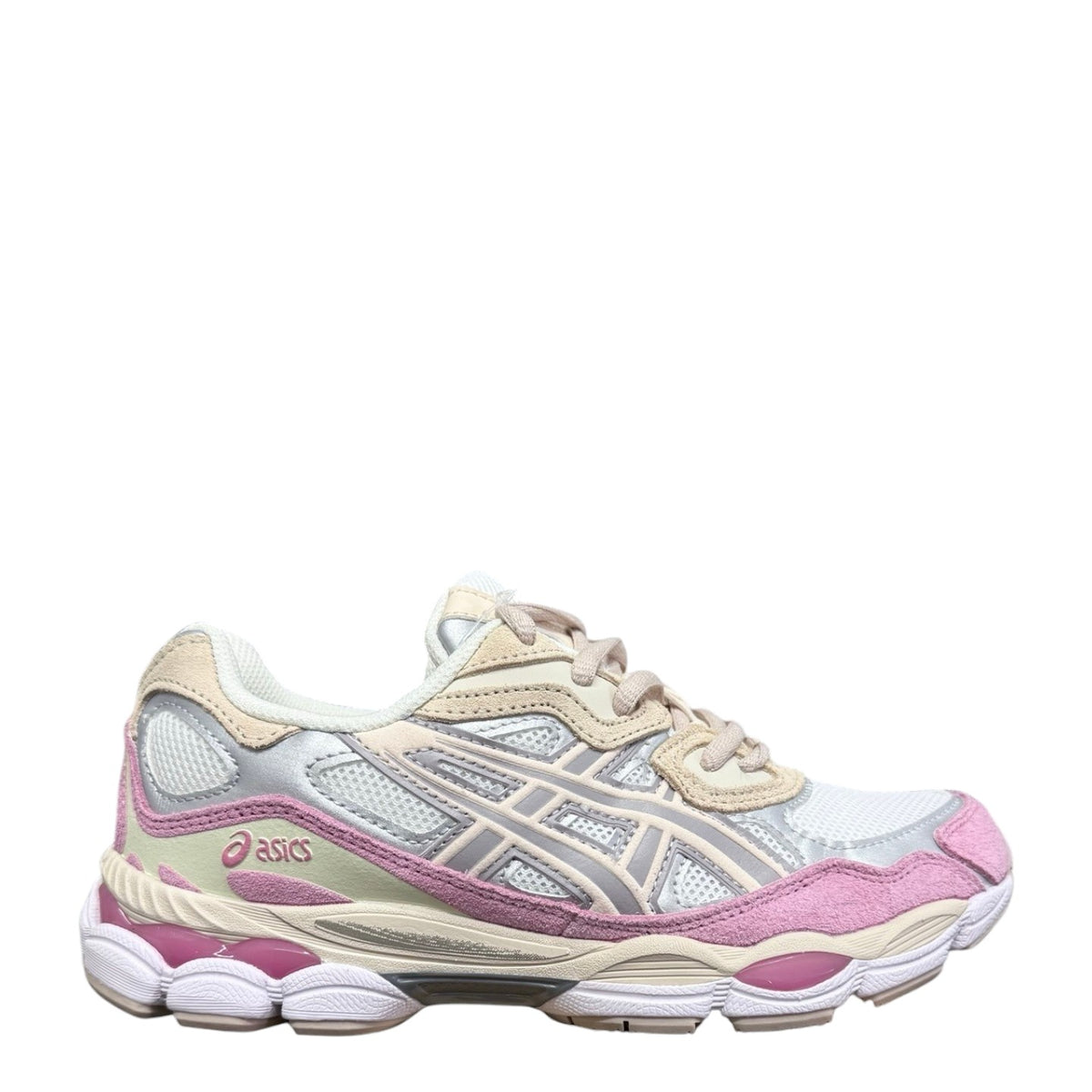 Luxury Chef ASICS GEL-NYC beige and pink suede and mesh sneakers with white soles.