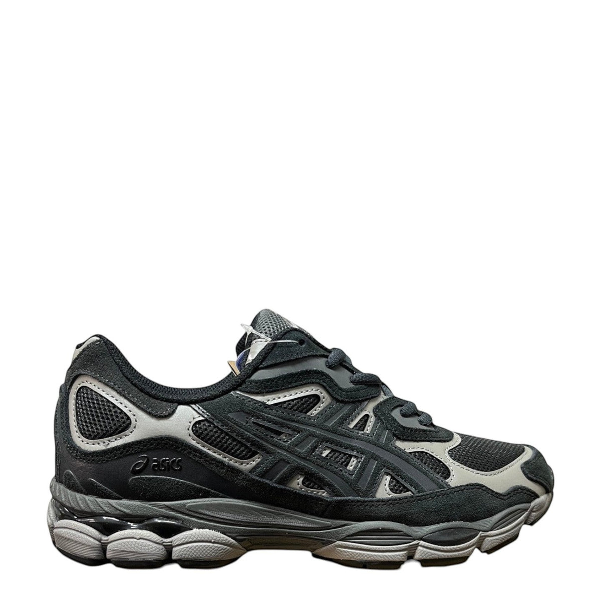 Luxury Chef ASICS GEL-NYC graphite grey and black suede and mesh athletic sneakers.