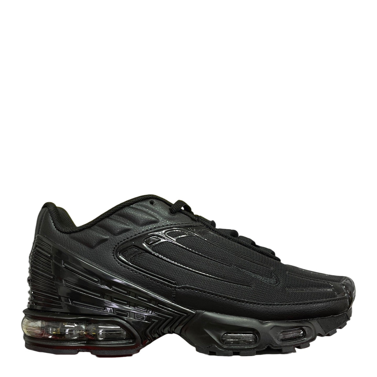 Luxury Chef black leather Nike Air Max Plus III sneakers with visible air cushioning and a glossy swoosh.