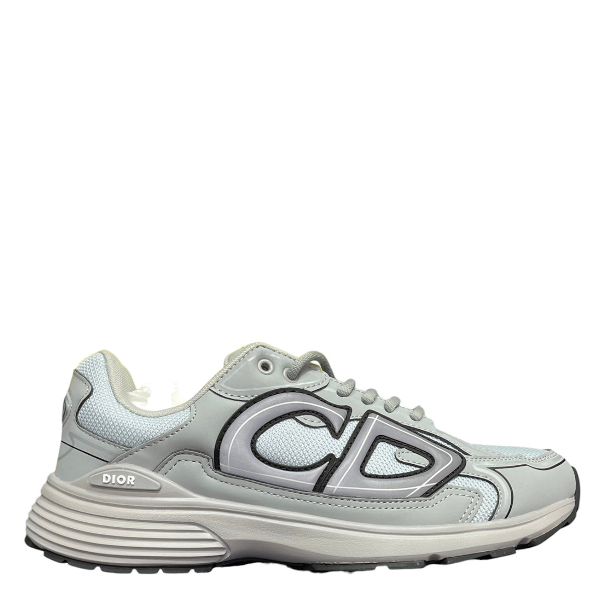 Luxury Chef DIOR B30 grey microfiber mesh sneakers with CD logo detail and chunky sole.