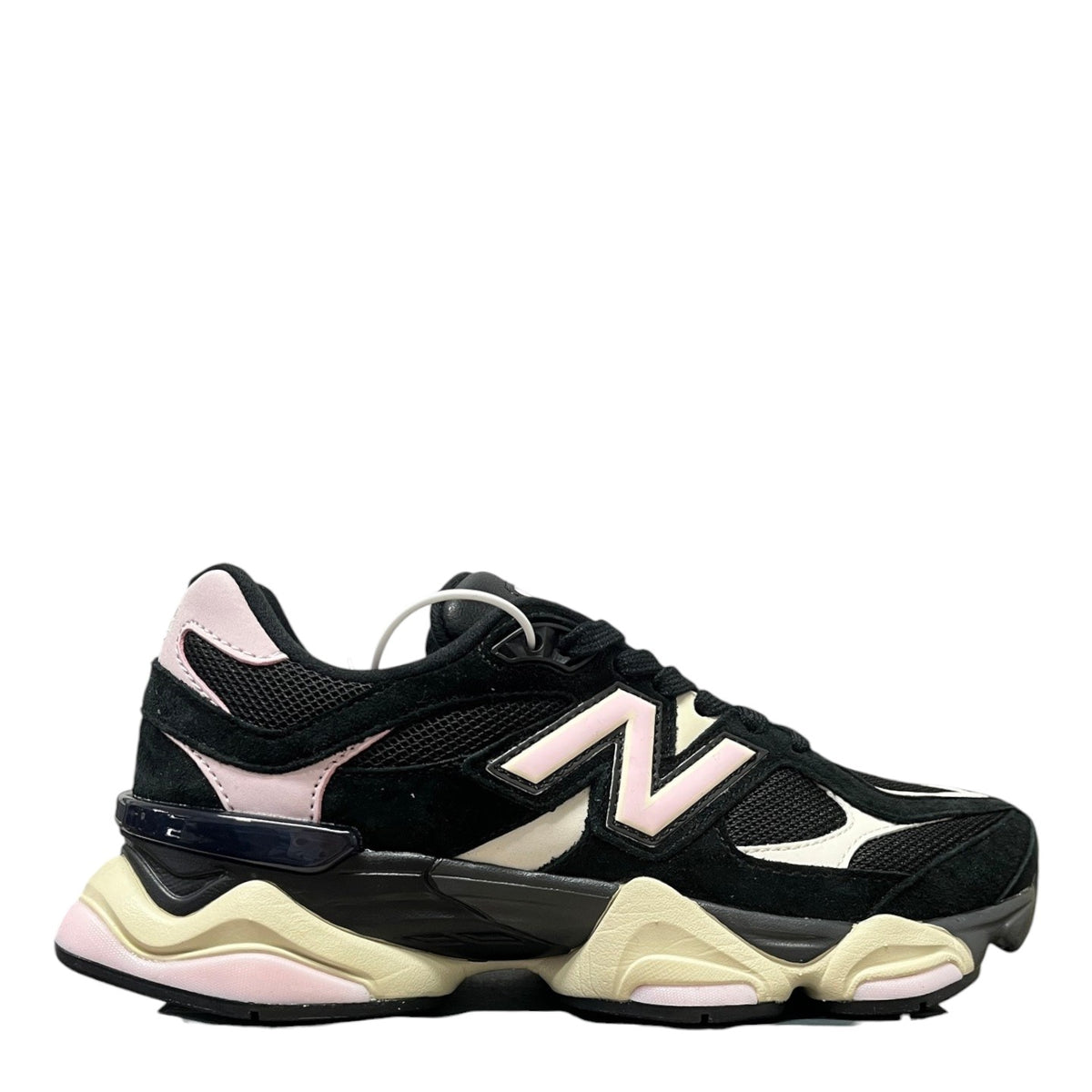Luxury Chef New Balance 9060 black suede sneakers with pink and cream accents, mesh details, and chunky sole.