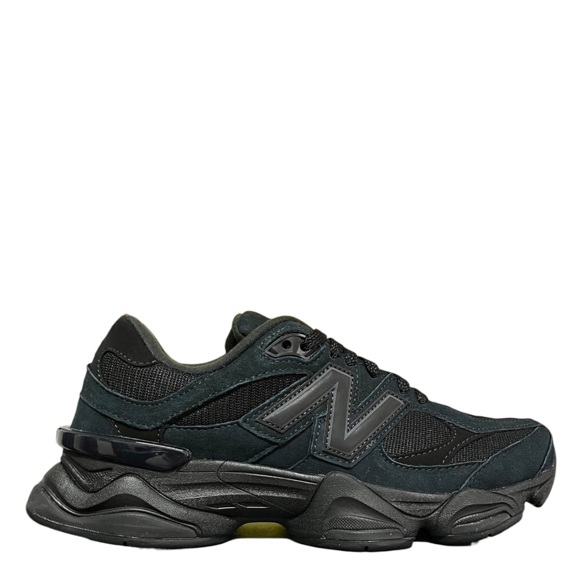 Luxury Chef New Balance 9060 black suede and mesh sneakers with chunky sole.