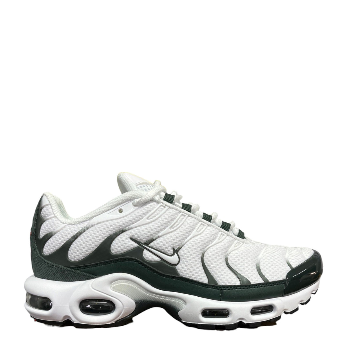 Luxury Chef Nike Air Max Plus PRM sneakers in white with dark green accents and Nike Air cushioning.
