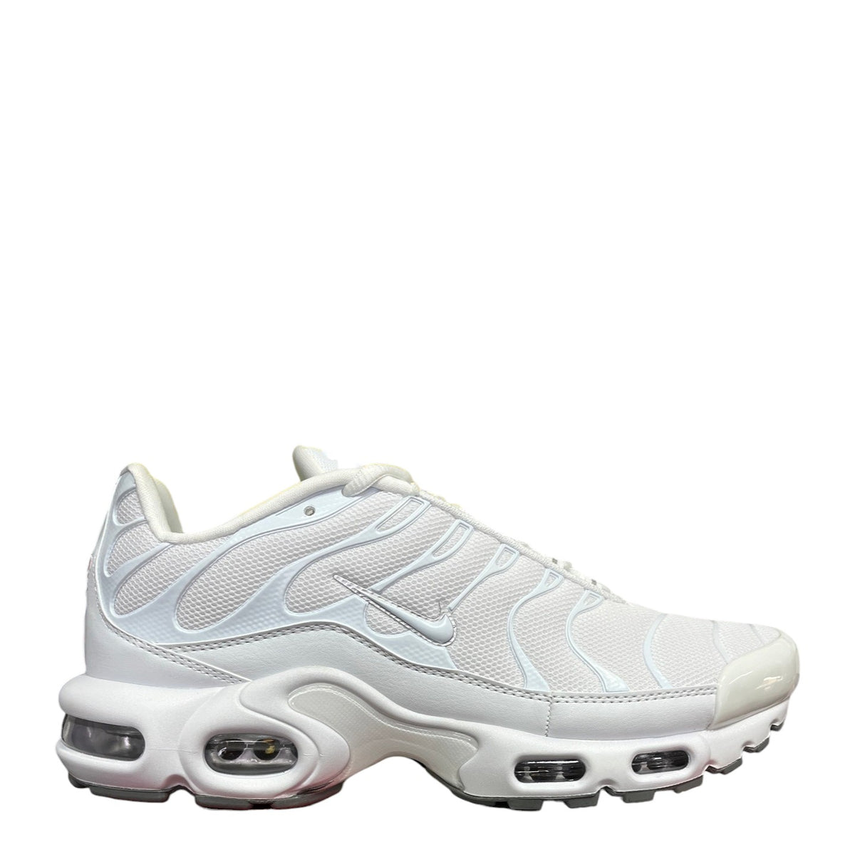 Luxury Chef Nike Air Max Plus TN men's white mesh sneakers with grey accents and visible air cushioning.