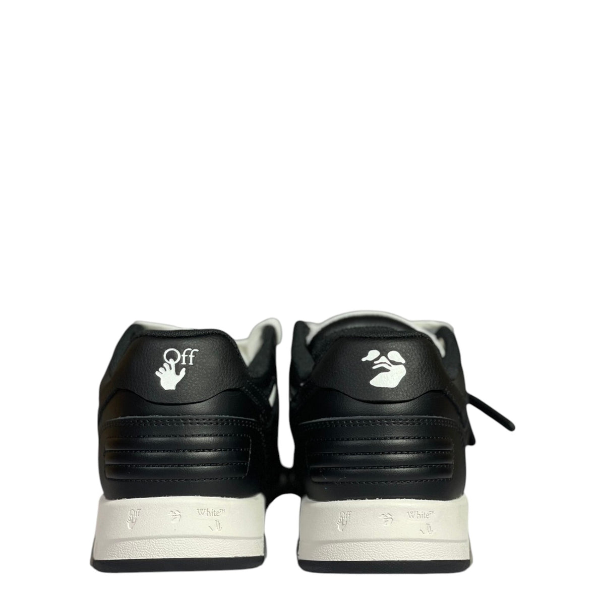 Luxury Chef OFF-WHITE OUT OF OFFICE black leather sneakers with white accents and logo details.