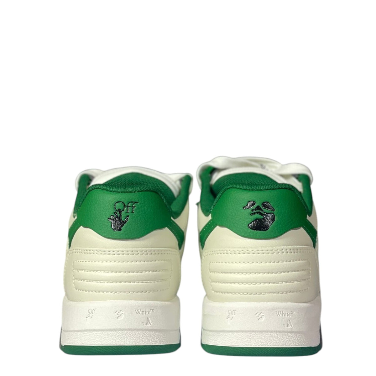 Luxury Chef Off-White Out of Office sneakers in cream with green accents and embroidered logo.