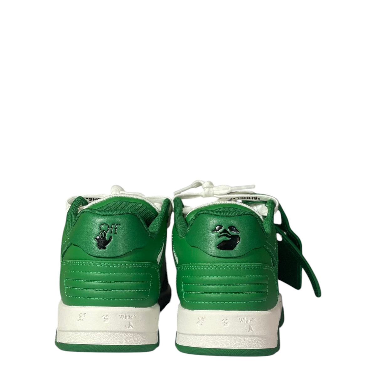 Luxury Chef OFF-WHITE OUT OF OFFICE green leather sneakers with white accents and signature logo detail.