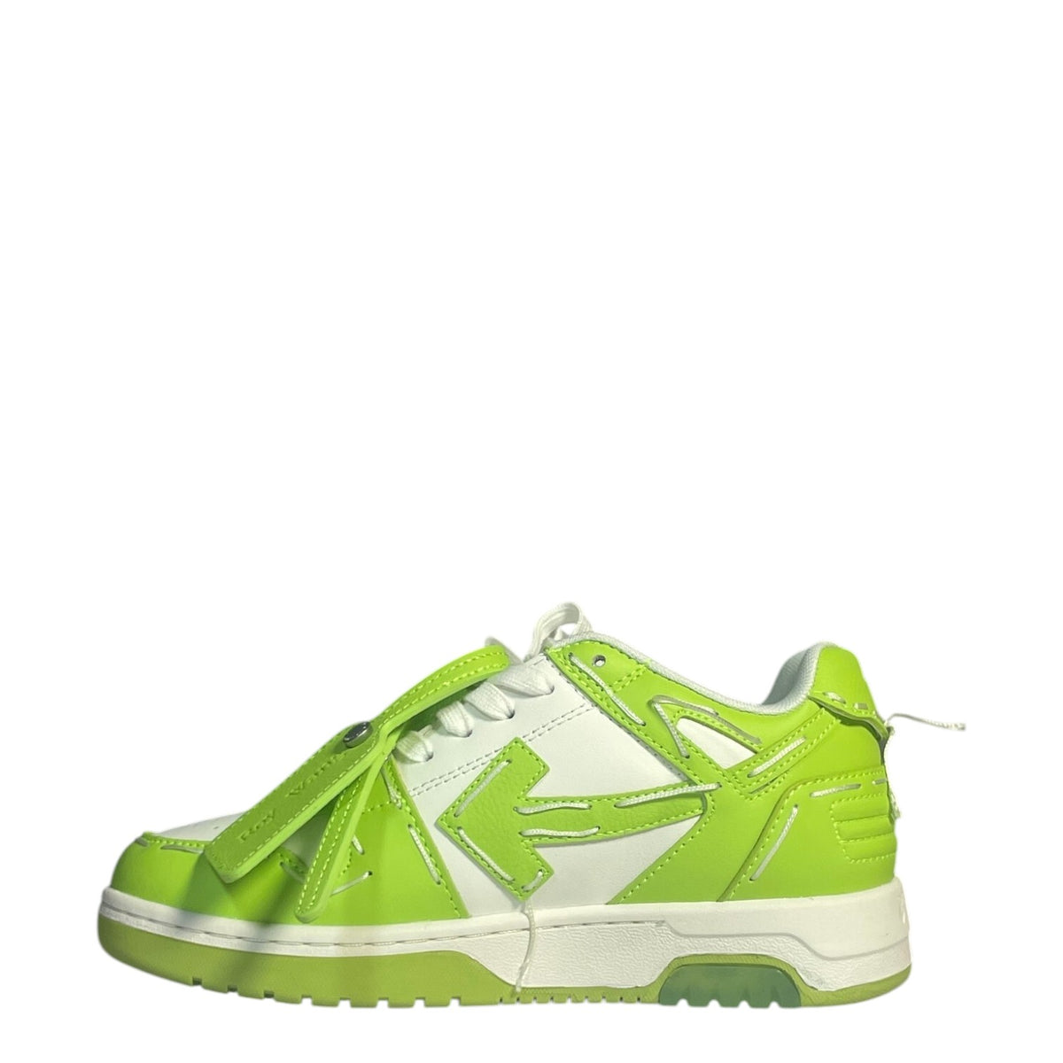 Luxury Chef Off-White Out of Office sneakers in white with bright lime green accents and stitching.