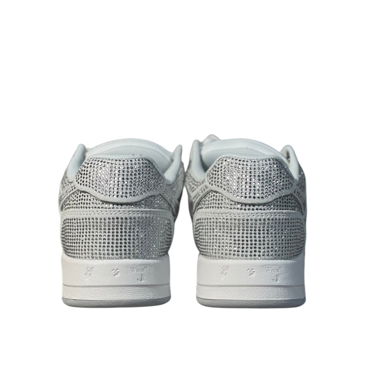 Luxury Chef OFF-WHITE OUT OF OFFICE white sneakers adorned with sparkling rhinestones. Low-top design with signature branding on the heel.