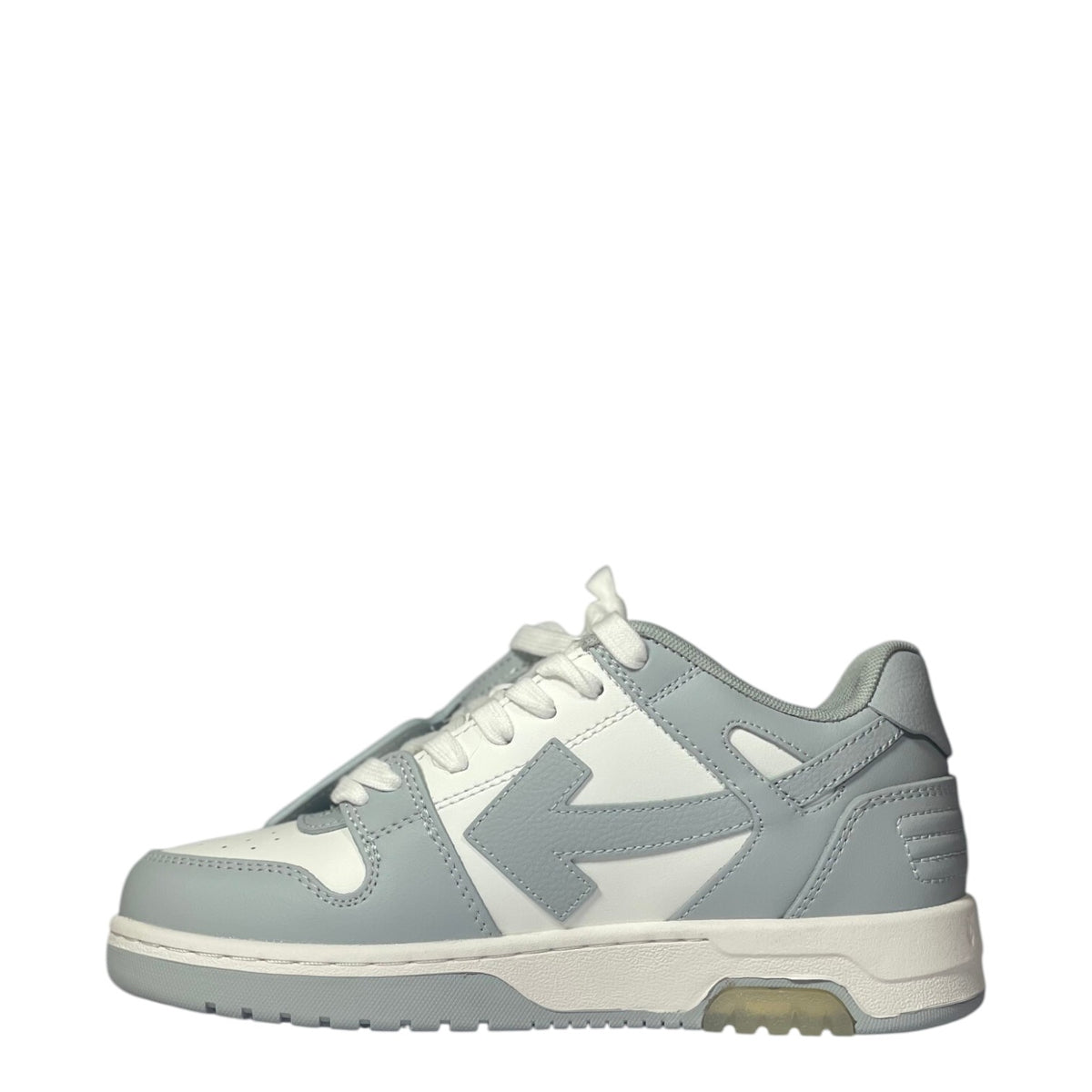 Luxury Chef Off-White Out of Office sneakers in white and light grey leather with signature arrow logo.