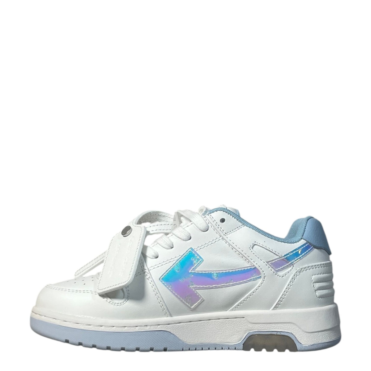 Luxury Chef OFF-WHITE OUT OF OFFICE white leather sneakers with iridescent arrow logo and light blue accents.