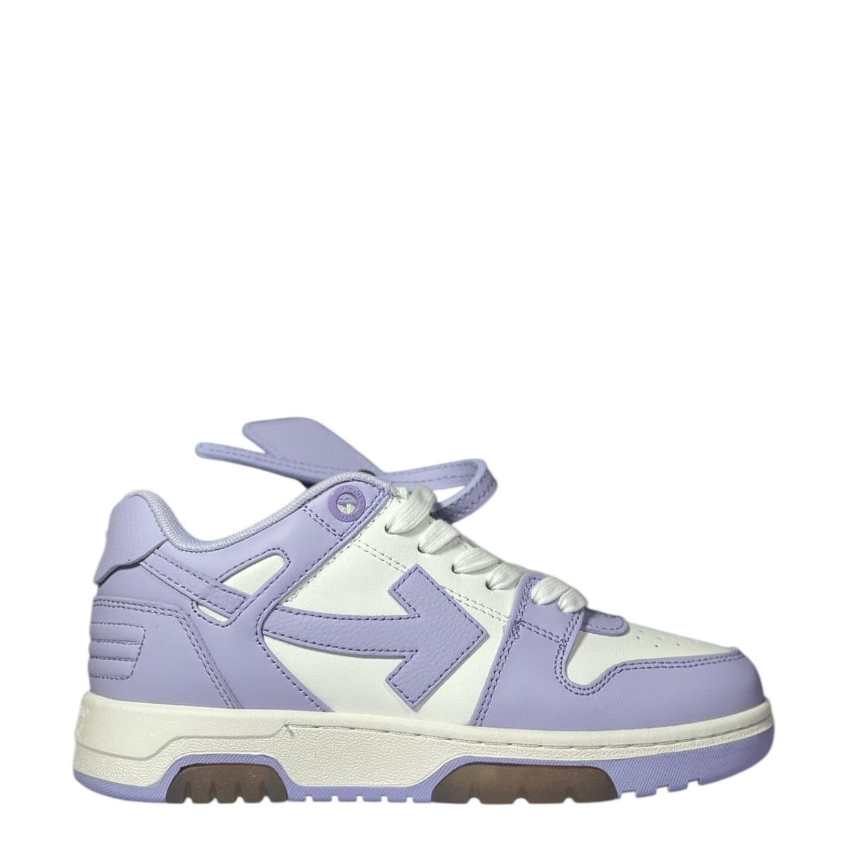 Luxury Chef Off-White Out of Office sneakers in white and lavender leather with signature arrow logo.