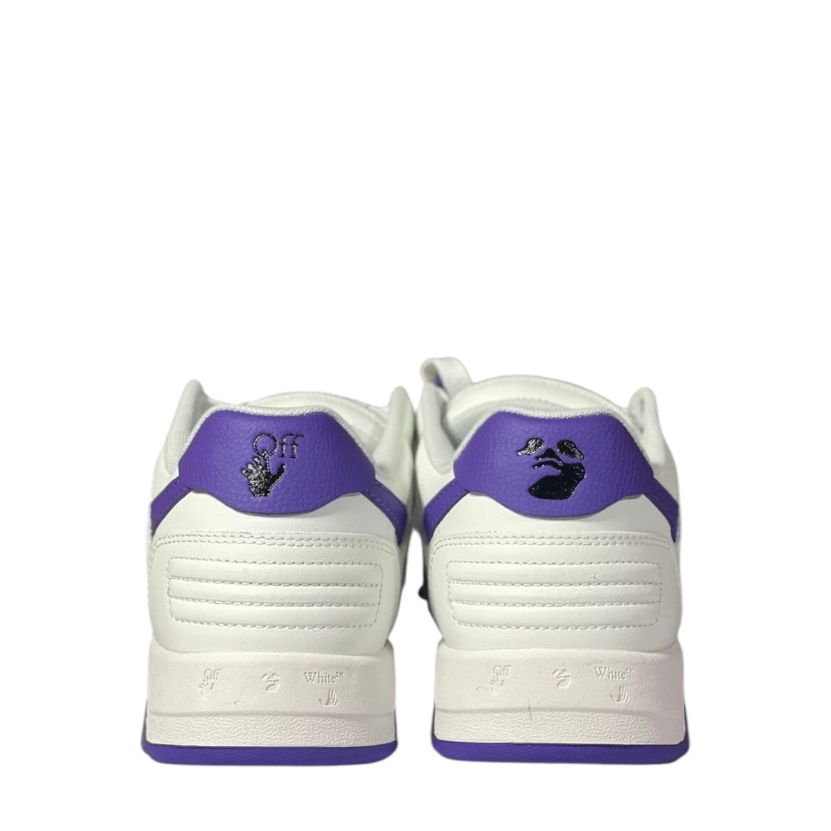 Luxury Chef Off-White Out of Office white leather sneakers with purple accents and embroidered logos.