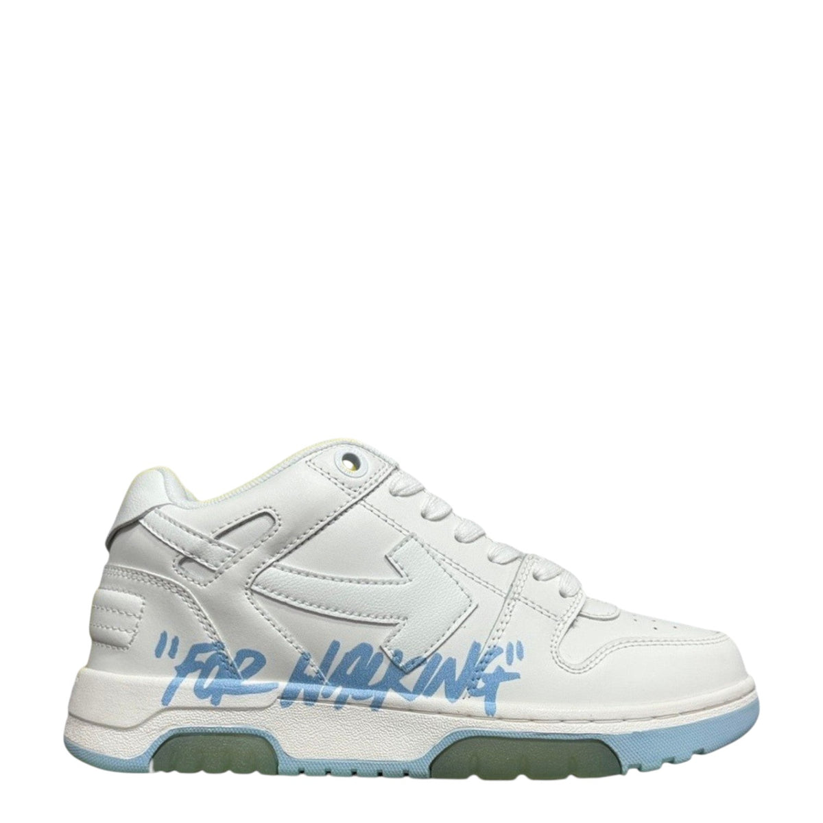 Luxury Chef Off-White Out of Office white leather sneakers with blue "FOR WALKING" graphic and light blue sole.