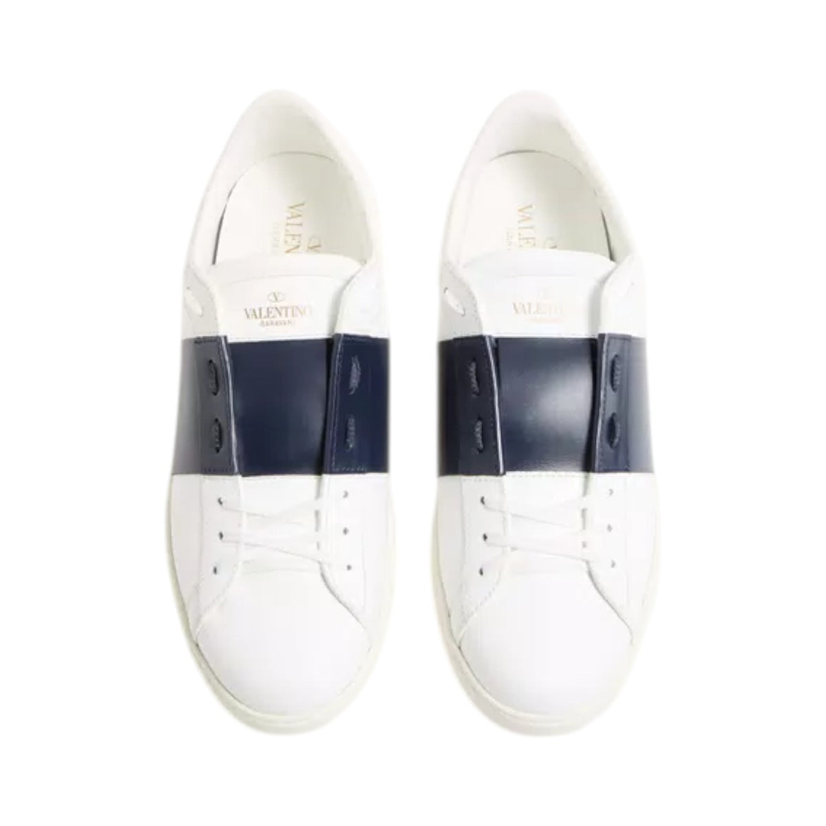 Luxury Chef white leather sneakers with navy blue band and white laces. Valentino Garavani.